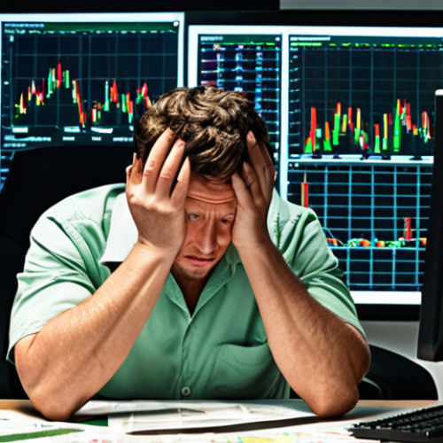 Home 15 **
Prompt: "A stressed-looking trader sitting at a desk covered in charts, holding their head in their hands. Red and green candlestick charts fill multiple monitors. Emphasize the feeling of anxiety and potential financial loss. Perhaps show a cityscape outside the window at night."
**