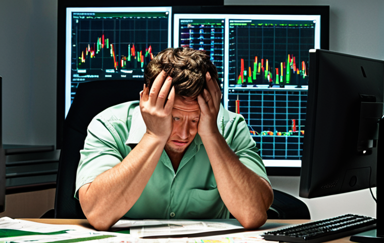 **
Prompt: "A stressed-looking trader sitting at a desk covered in charts, holding their head in their hands. Red and green candlestick charts fill multiple monitors. Emphasize the feeling of anxiety and potential financial loss. Perhaps show a cityscape outside the window at night."
**