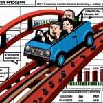 **

A dynamic, almost chaotic image depicting currency symbols ($, €, ¥, £) swirling around a rollercoaster track. In the center, a determined but slightly nervous person is riding the rollercoaster. The background shows a blend of stock charts and news headlines related to political events and economic data. The overall mood is exciting but with a sense of underlying risk and volatility.

**