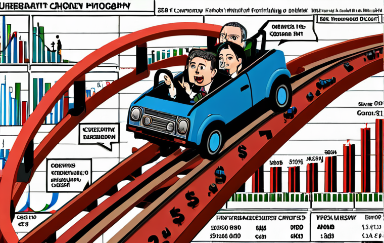 **
A dynamic, almost chaotic image depicting currency symbols ($, €, ¥, £) swirling around a rollercoaster track. In the center, a determined but slightly nervous person is riding the rollercoaster. The background shows a blend of stock charts and news headlines related to political events and economic data. The overall mood is exciting but with a sense of underlying risk and volatility.
**
