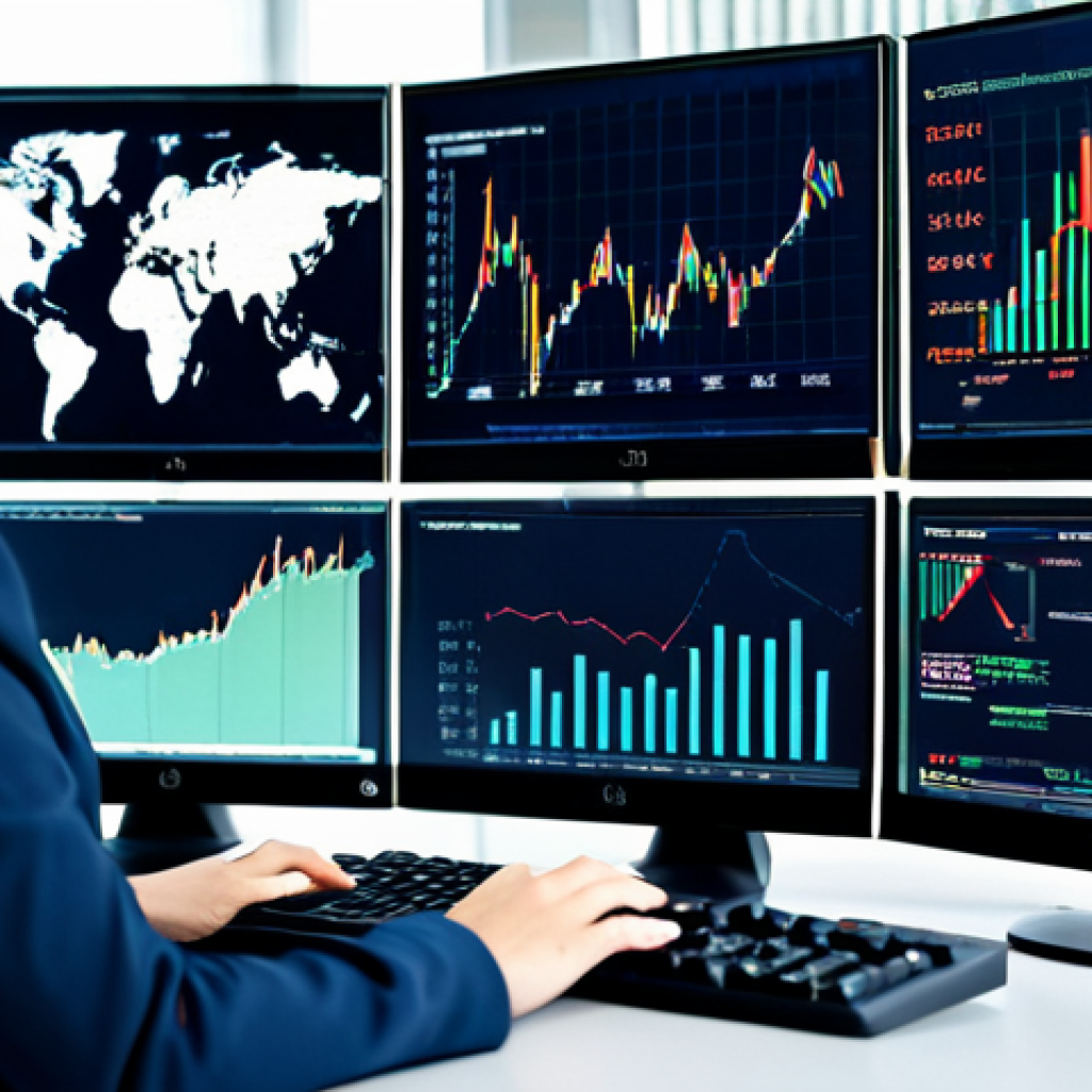 Prompt 1:** A focused female financial analyst in a modest business suit, seated at a modern workstation with multiple screens displaying complex financial charts and global market data. Her hands are gently resting on a keyboard, showing perfect anatomy and correct proportions. The office background is sleek and professional, with subtle indicators of global connectivity like a blurred map. The scene emphasizes data analysis and strategic decision-making in a dynamic global financial environment. fully clothed, appropriate attire, safe for work, professional, natural pose, well-formed hands, high quality professional photography, global finance, complex data visualization, secure environment.