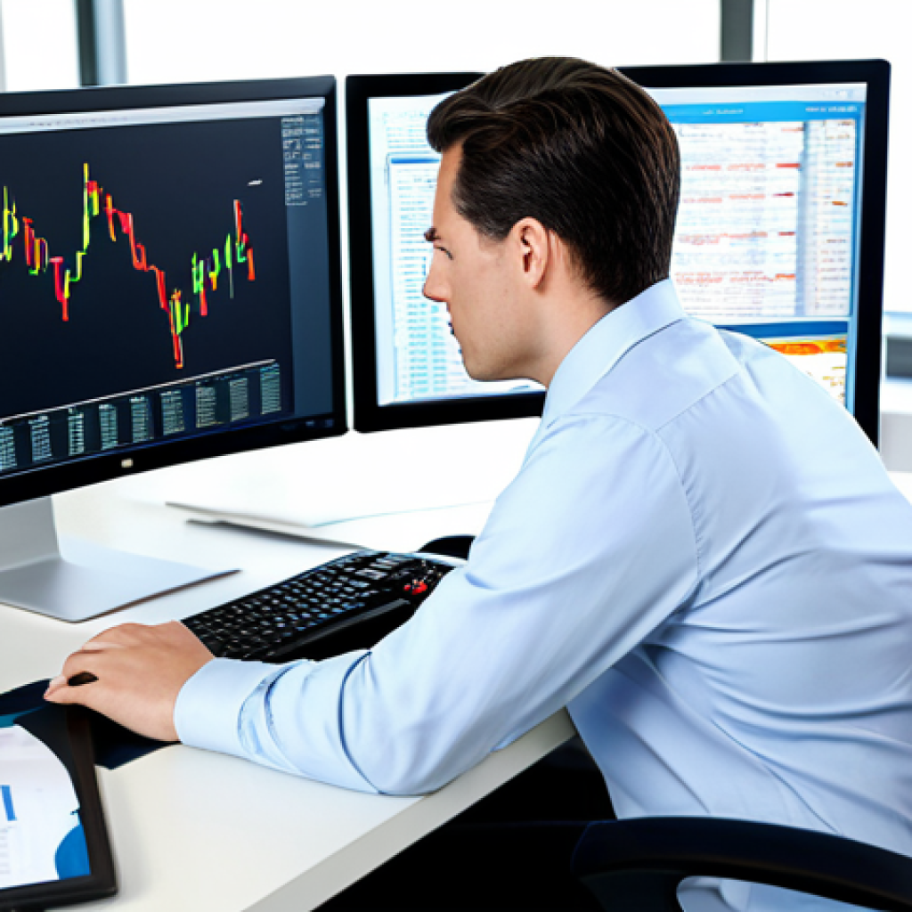 A professional financial analyst, fully clothed in business attire, working at a modern computer workstation in a bright office. The analyst is reviewing market data and charts, with an emphasis on risk management strategies. Safe for work, appropriate content, professional, perfect anatomy, natural pose.