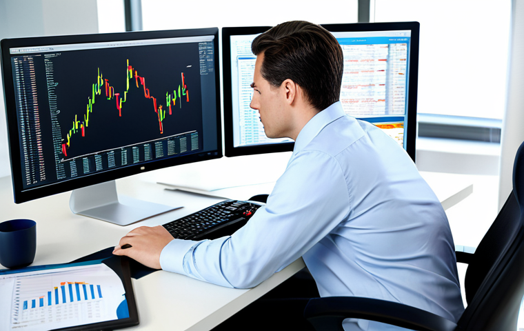 A professional financial analyst, fully clothed in business attire, working at a modern computer workstation in a bright office. The analyst is reviewing market data and charts, with an emphasis on risk management strategies. Safe for work, appropriate content, professional, perfect anatomy, natural pose.
