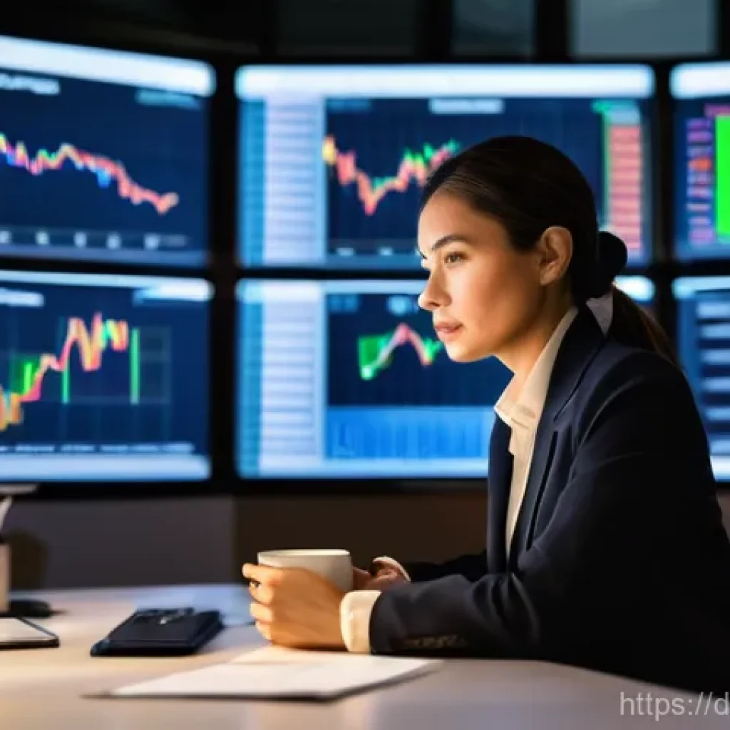 외환관리사 업무 일기 - **Prompt:** A focused foreign exchange manager, a woman in her late 30s, is seated at a modern, clea...