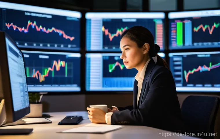 외환관리사 업무 일기 - **Prompt:** A focused foreign exchange manager, a woman in her late 30s, is seated at a modern, clea...