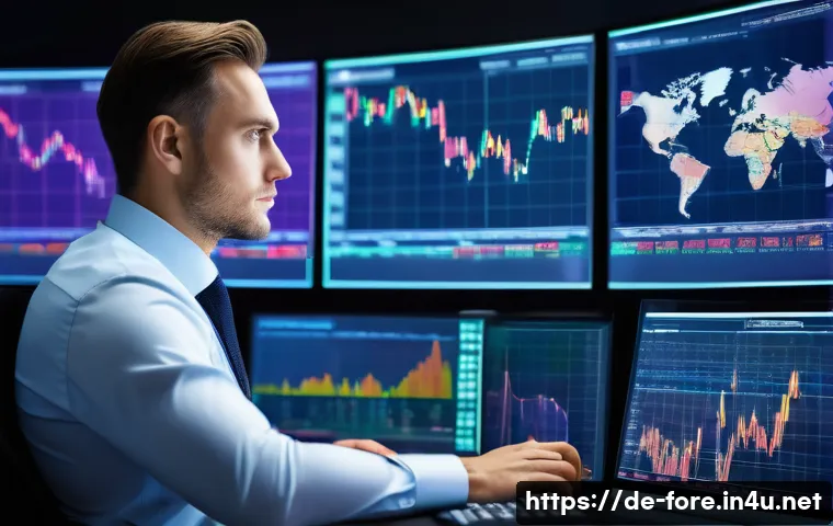 외환관리사와 글로벌 경제 동향 분석 - A professional financial analyst in a modern office environment, analyzing global currency markets w...