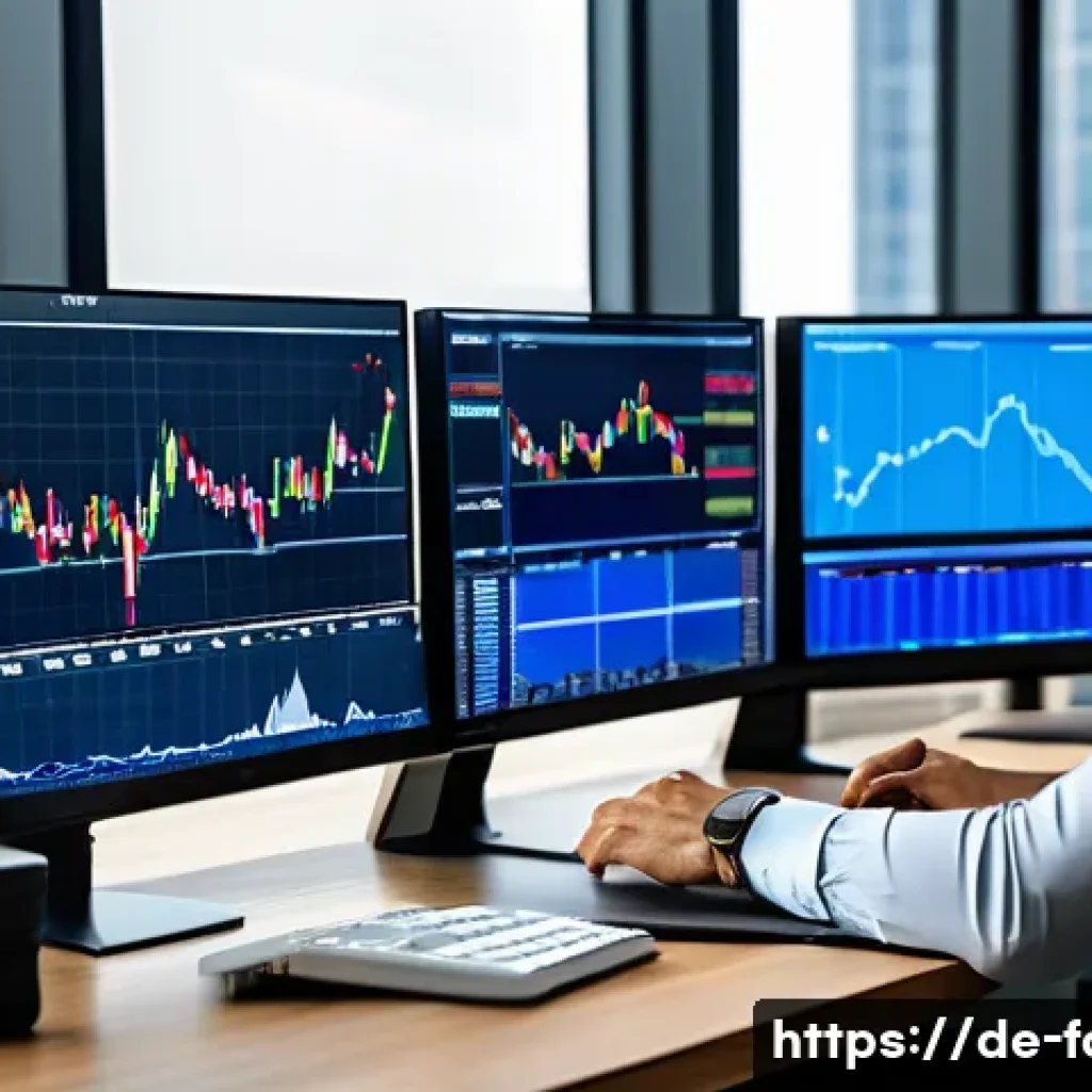 외환관리사와 외환 거래 실패 사례 - A professional Forex trader sitting at a modern desk in a sleek, high-rise office overlooking Frankf...