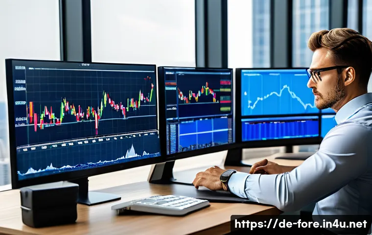 외환관리사와 외환 거래 실패 사례 - A professional Forex trader sitting at a modern desk in a sleek, high-rise office overlooking Frankf...