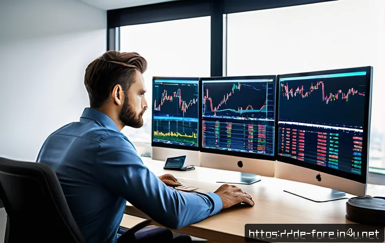 외환관리사와 외환 트레이닝 워크숍 - A professional Forex trader at a modern German home office, multiple large computer monitors display...