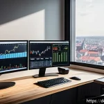 외환관리사와 외환 실무 역량 강화 방법 - A professional Forex trading setup in a modern German home office, featuring multiple high-resolutio...