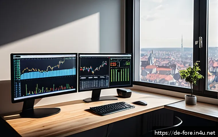 외환관리사와 외환 실무 역량 강화 방법 - A professional Forex trading setup in a modern German home office, featuring multiple high-resolutio...