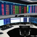 외환관리사와 글로벌 트렌드 - A modern financial trading office in Frankfurt, Germany, showing multiple large screens displaying r...