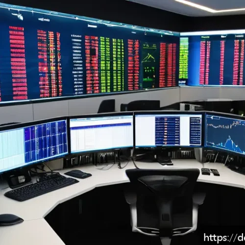 외환관리사와 글로벌 트렌드 - A modern financial trading office in Frankfurt, Germany, showing multiple large screens displaying r...