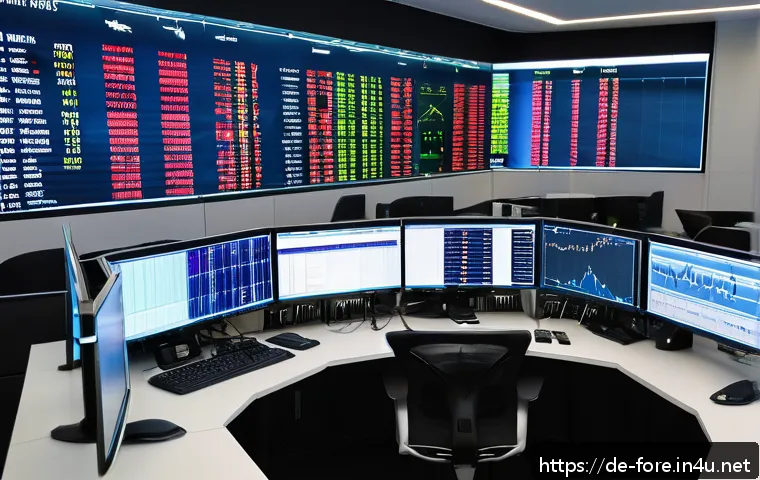 외환관리사와 글로벌 트렌드 - A modern financial trading office in Frankfurt, Germany, showing multiple large screens displaying r...