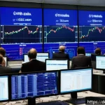 외환관리사 시험 최신 트렌드 - A modern financial trading office scene in Frankfurt, Germany, showing a diverse group of profession...