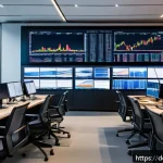 외환관리사와 글로벌 금융 트렌드 분석 - A modern financial trading office in Frankfurt with multiple large screens displaying dynamic forex ...