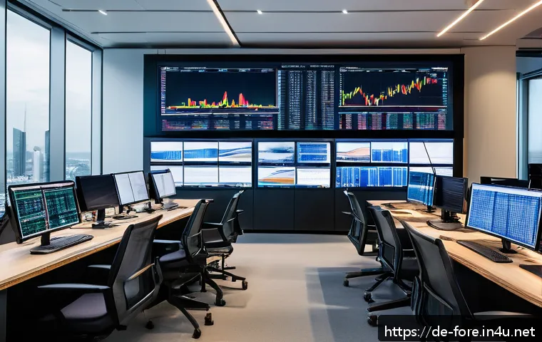 외환관리사와 글로벌 금융 트렌드 분석 - A modern financial trading office in Frankfurt with multiple large screens displaying dynamic forex ...