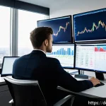 외환관리사 취업 성공 사례 - A modern, sleek office environment in Frankfurt, Germany, showing a young professional forex trader ...