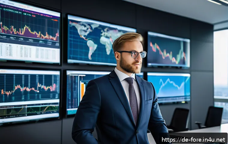 외환관리사 자격증 FAQ - A professional Forex manager in a modern office setting, analyzing multiple large computer screens d...