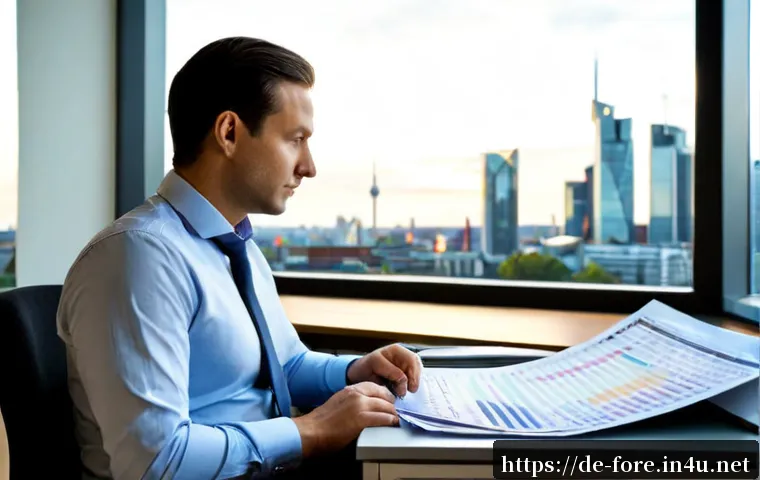 Home 17 외환관리사와 금융 시장 이슈 - Photorealistic financial risk manager in a modern Frankfurt office, reviewing euro banknotes, a blan...