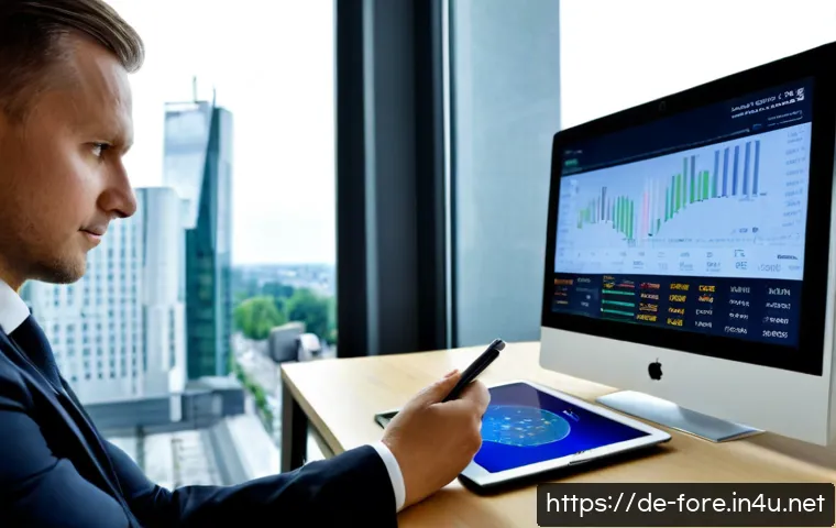 외환관리사와 블록체인 활용 - Photorealistic German foreign exchange manager in a modern Frankfurt office, reviewing euro banknote...