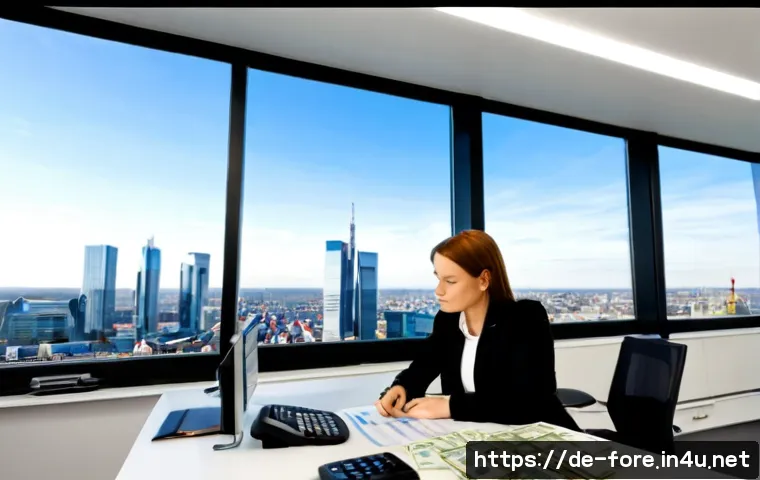 외환관리사와 CFA 자격증 비교 - Photorealistic financial career comparison scene in a bright modern Frankfurt office, a German profe...